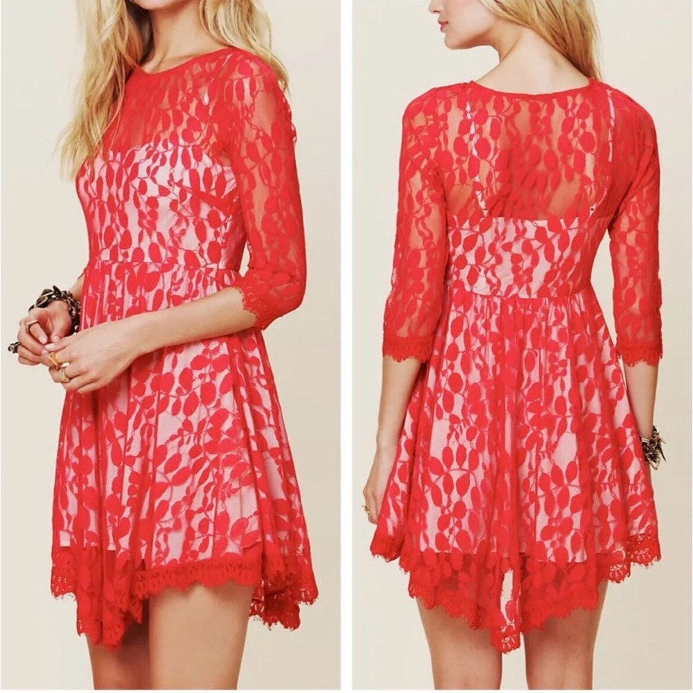 Free People Red Lace Overlay Fit and Flare Dress 6 Valentine Layered 3/4 sleeve
